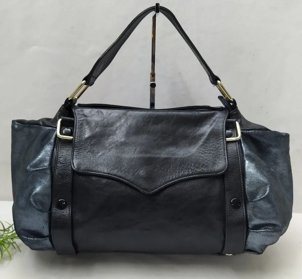 Rebecca Minkoff Colorblock Black Gray Leather Double Handle Zipper Satchel Bag